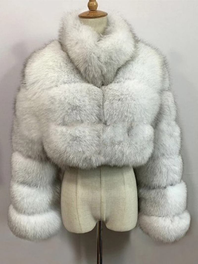 Casacos Pele Sintética Com Colarinho Botão Frontal Curto Para Mulheres - Branco Frio