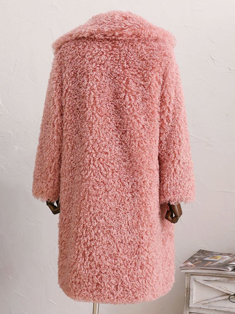 Casacos Pele Sintética Femininos Mangas Compridas Casuais Casaco Oversized Gola Aberta Rosa Inverno - Rosa