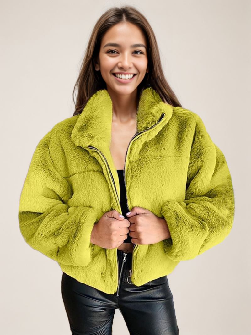 Casacos Pele Sintética Para Mulheres Com Gola Inverno - Amarelo