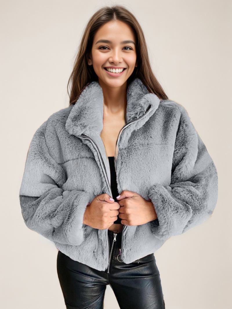 Casacos Pele Sintética Para Mulheres Com Gola Inverno - Cinza Claro
