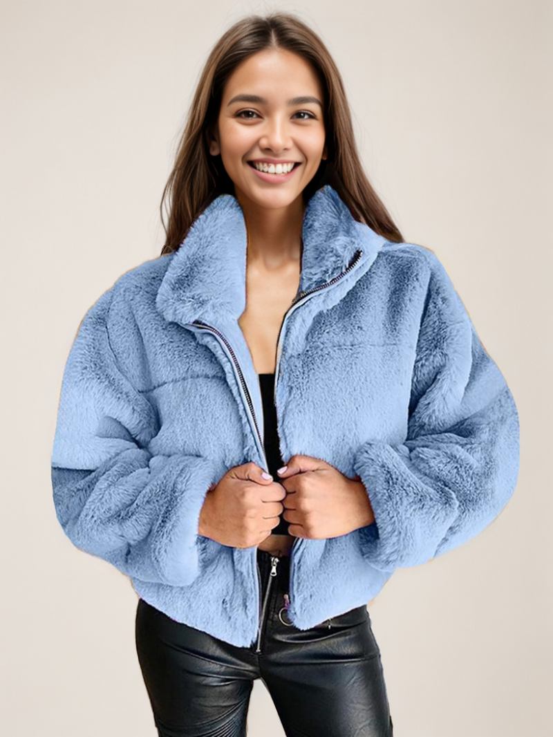 Casacos Pele Sintética Para Mulheres Com Gola Inverno - Azul Céu Claro