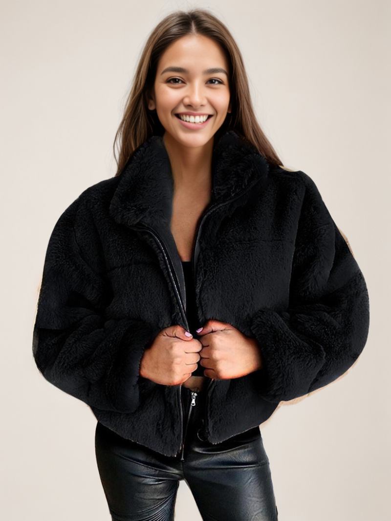 Casacos Pele Sintética Para Mulheres Com Gola Inverno - Preto