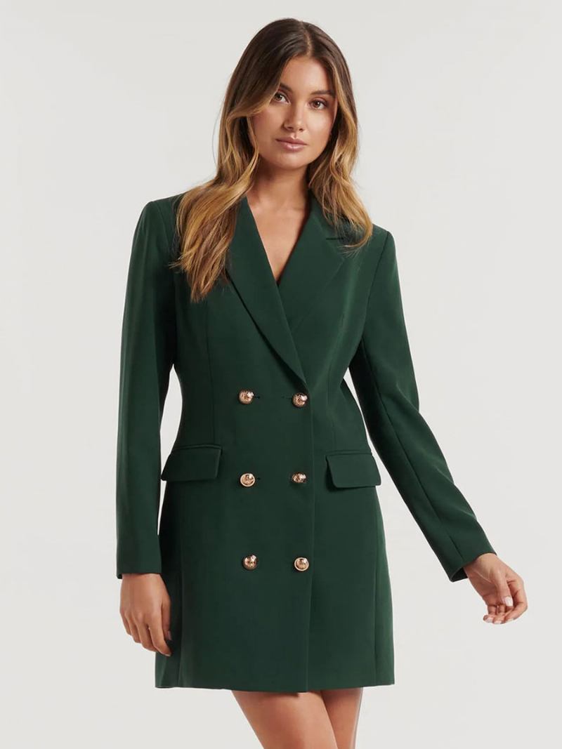 Blazerjacket Para Mulheres Com Gola Aberta E Mangas Compridas Minivestidos - Verde Escuro