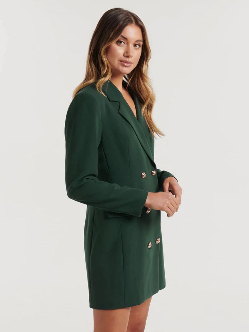 Blazerjacket Para Mulheres Com Gola Aberta E Mangas Compridas Minivestidos - Verde Escuro