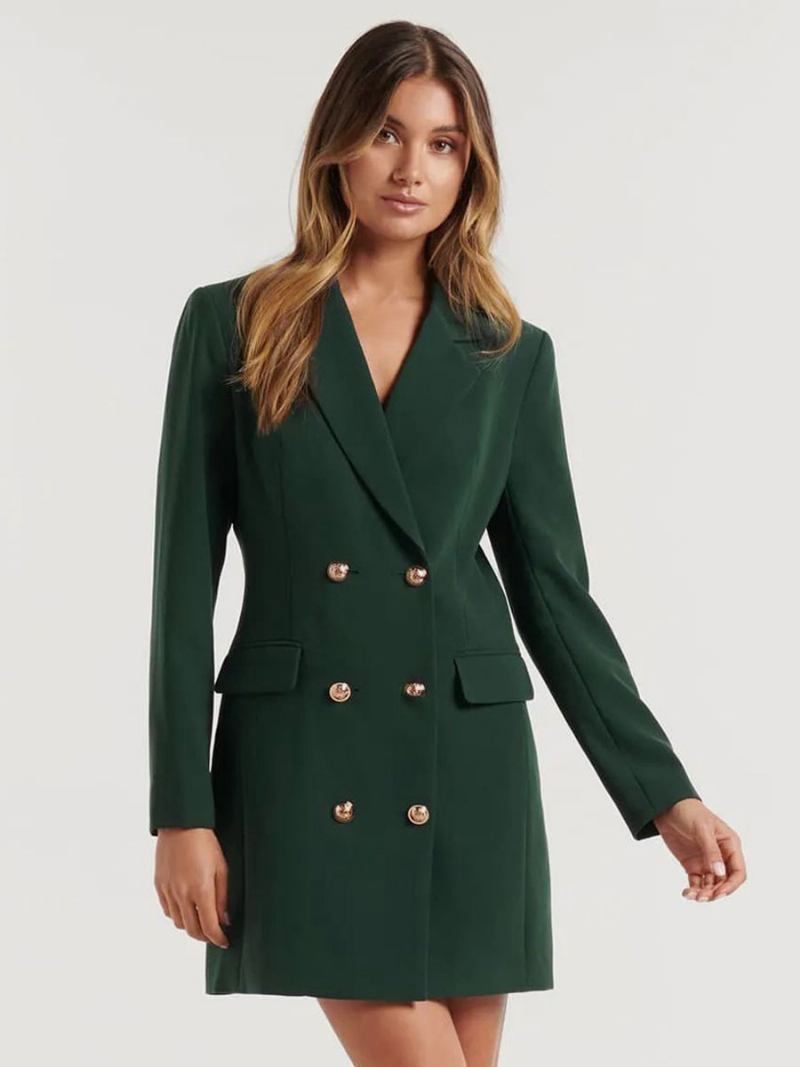 Blazerjacket Para Mulheres Com Gola Aberta E Mangas Compridas Minivestidos - Verde Escuro