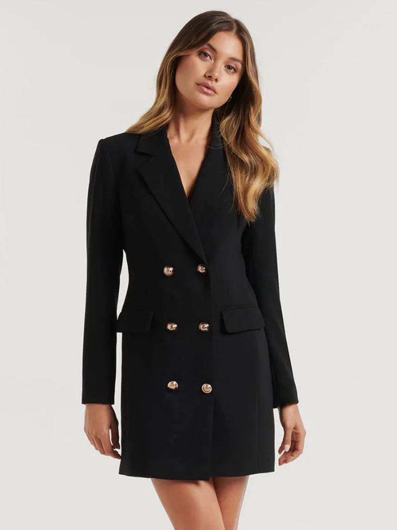 Blazerjacket Para Mulheres Com Gola Aberta E Mangas Compridas Minivestidos - Preto
