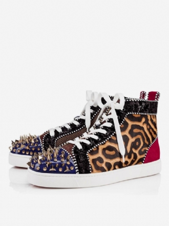 Tênis Masculino Com Estampa Leopardo Bico Redondo Cadarço Cano Alto E Rebites
