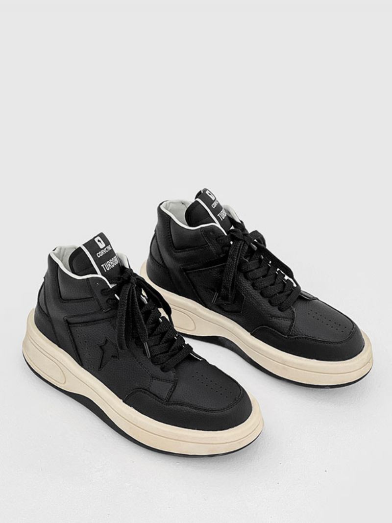 Tênis Masculino Confortável Couro Vaca Redondo Sapatos Causais - Preto