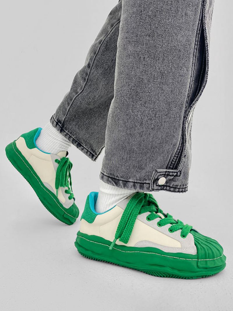 Tênis Masculino Confortável Lona Redonda Toe Color Block - Verde