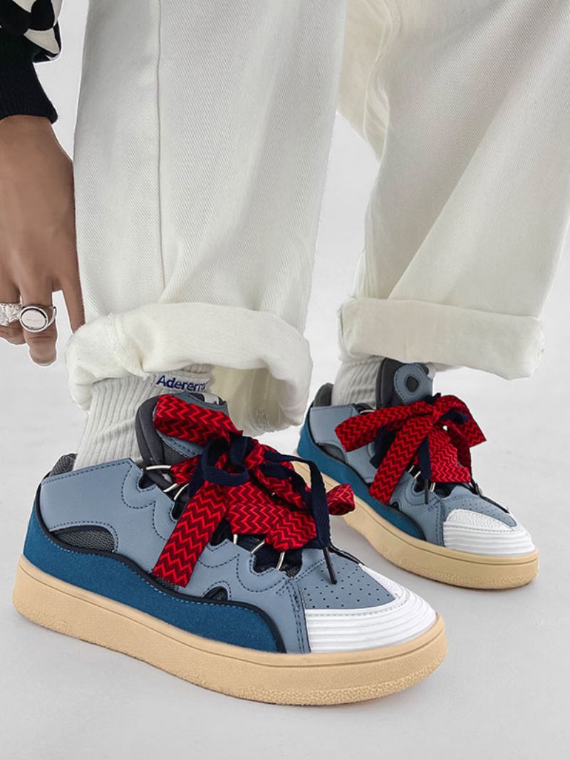 Tênis Para Homens Fashion Color Block Couro Pu Bico Redondo - Azul
