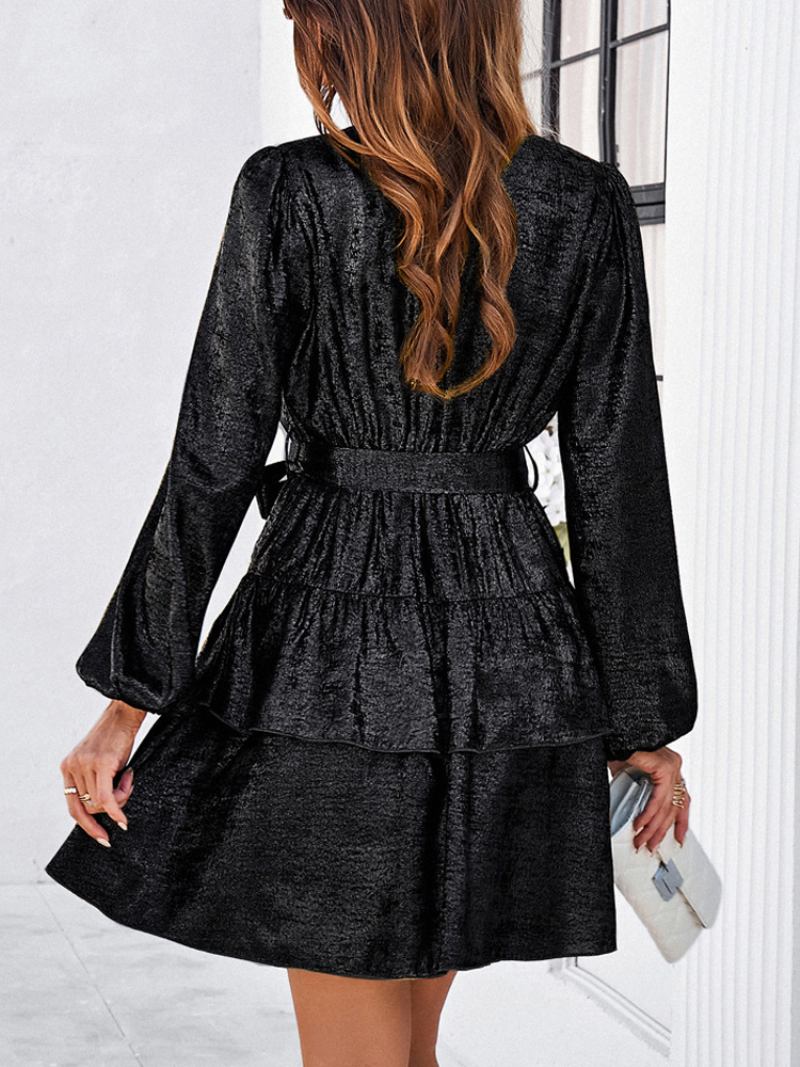 Vestido Curto Feminino Com Decote Em V Mangas Compridas Minivestidos Festa Camadas - Preto