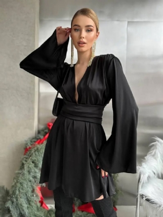 Vestido Preto Feminino Com Mangas Compridas E Cinto Sem Costas Cadarço Vestidos Casuais