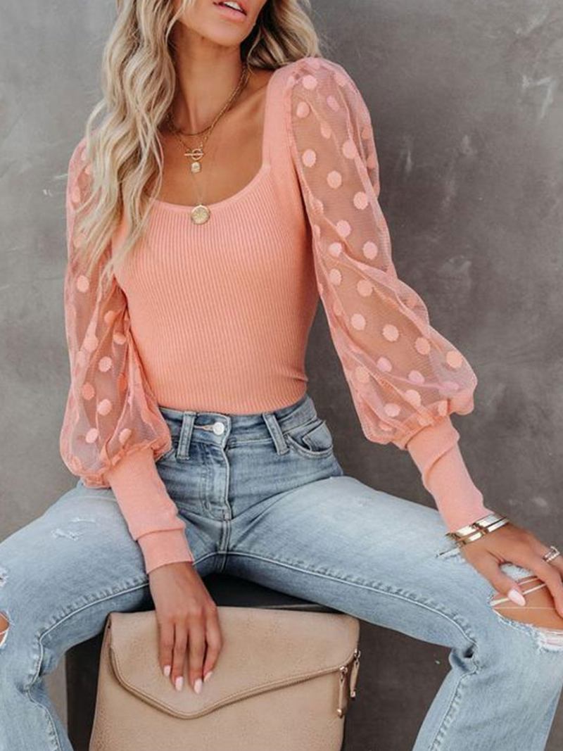 Blusa Branca Para Mulheres Manga Comprida Gola Quadrada Camiseta Verão - Rosa