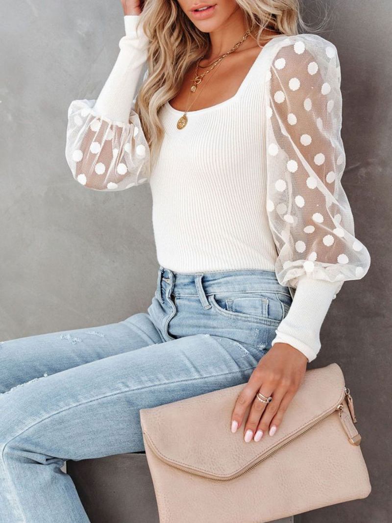 Blusa Branca Para Mulheres Manga Comprida Gola Quadrada Camiseta Verão - Branco