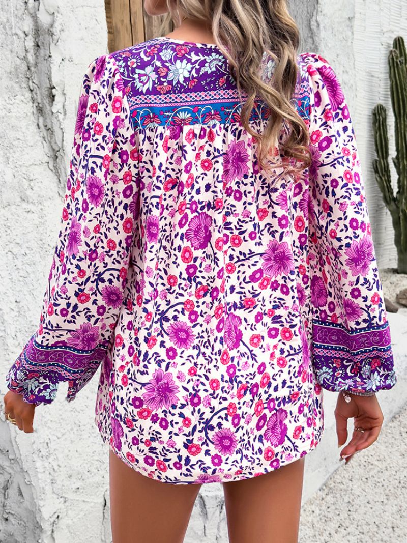 Blusa Floral Nó Com Decote Em V Mangas Lanterna Diário Casual Feminino - Roxo