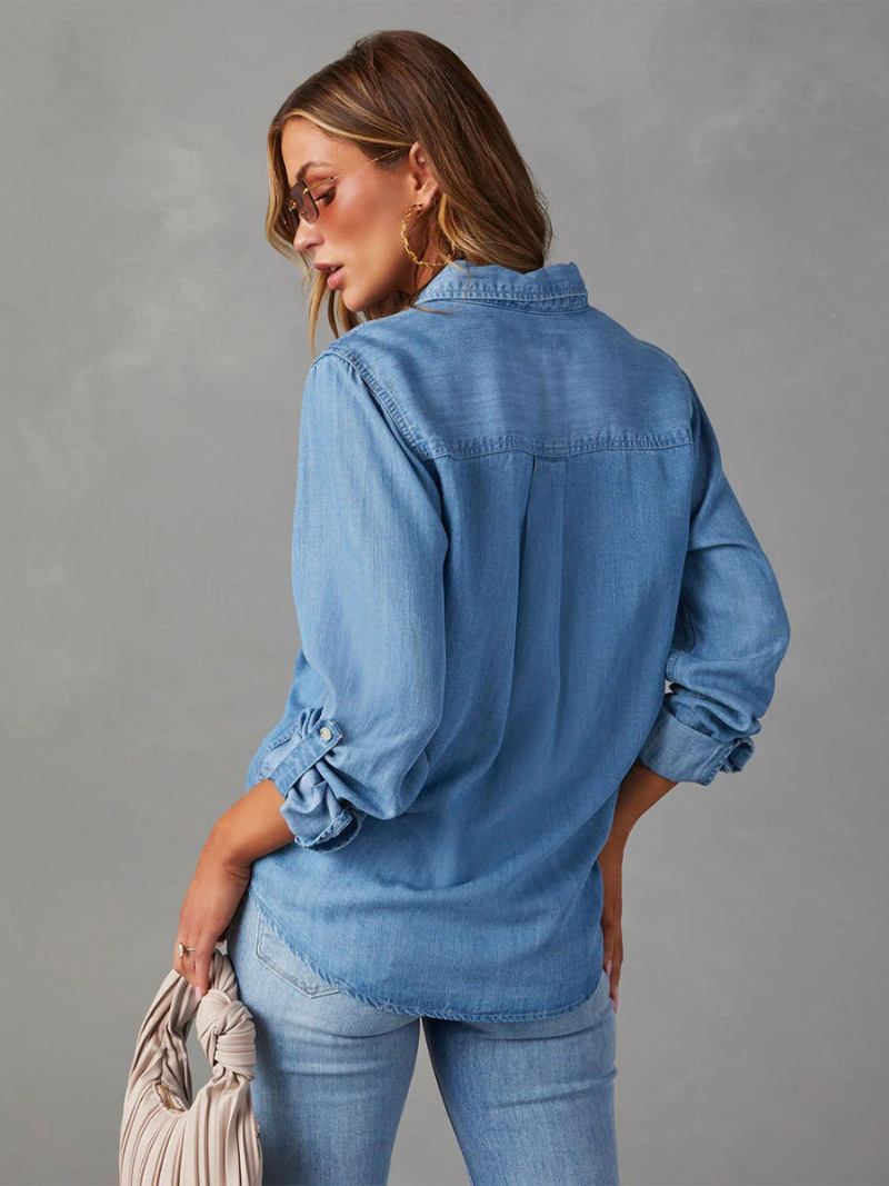 Blusa Jeans Para Mulheres Com Gola Aberta E Bolsos Aba Tops Diários - Azul 