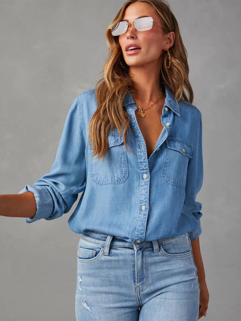 Blusa Jeans Para Mulheres Com Gola Aberta E Bolsos Aba Tops Diários - Azul 