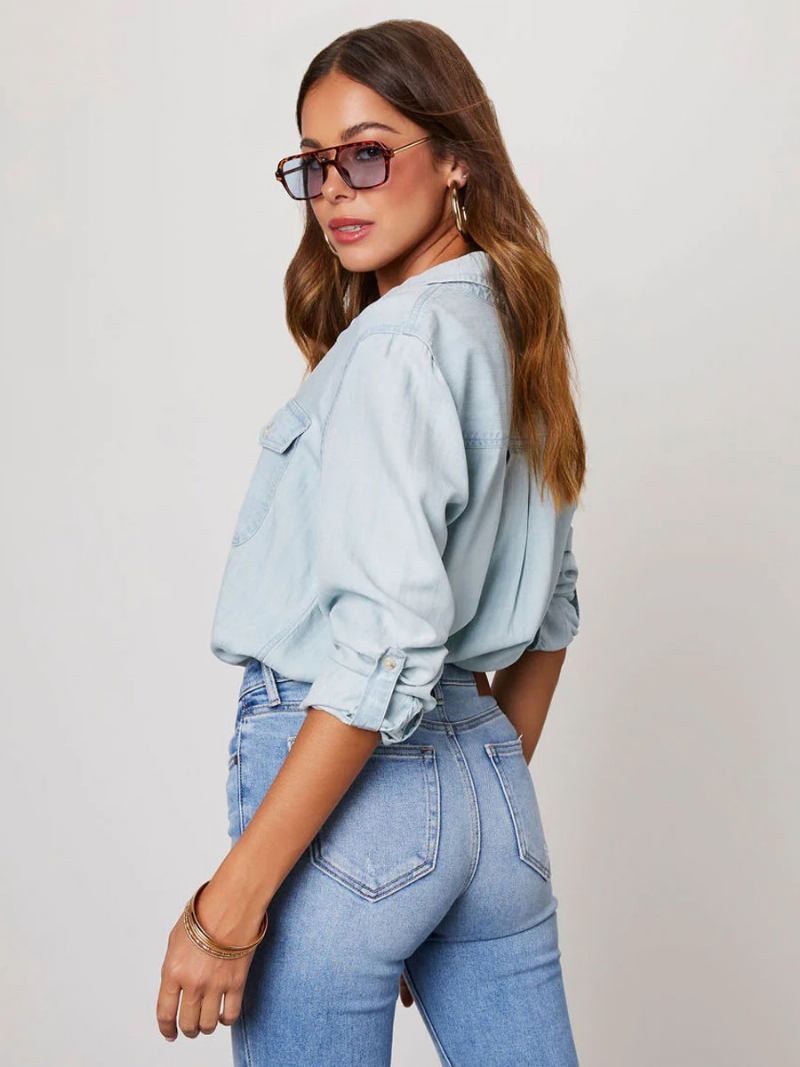 Blusa Jeans Para Mulheres Com Gola Aberta E Bolsos Aba Tops Diários -  Azul Céu Claro