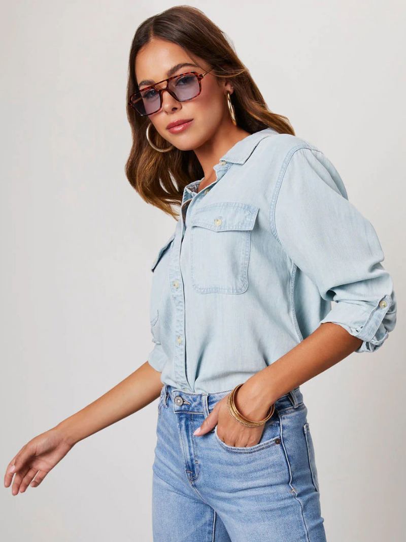 Blusa Jeans Para Mulheres Com Gola Aberta E Bolsos Aba Tops Diários -  Azul Céu Claro