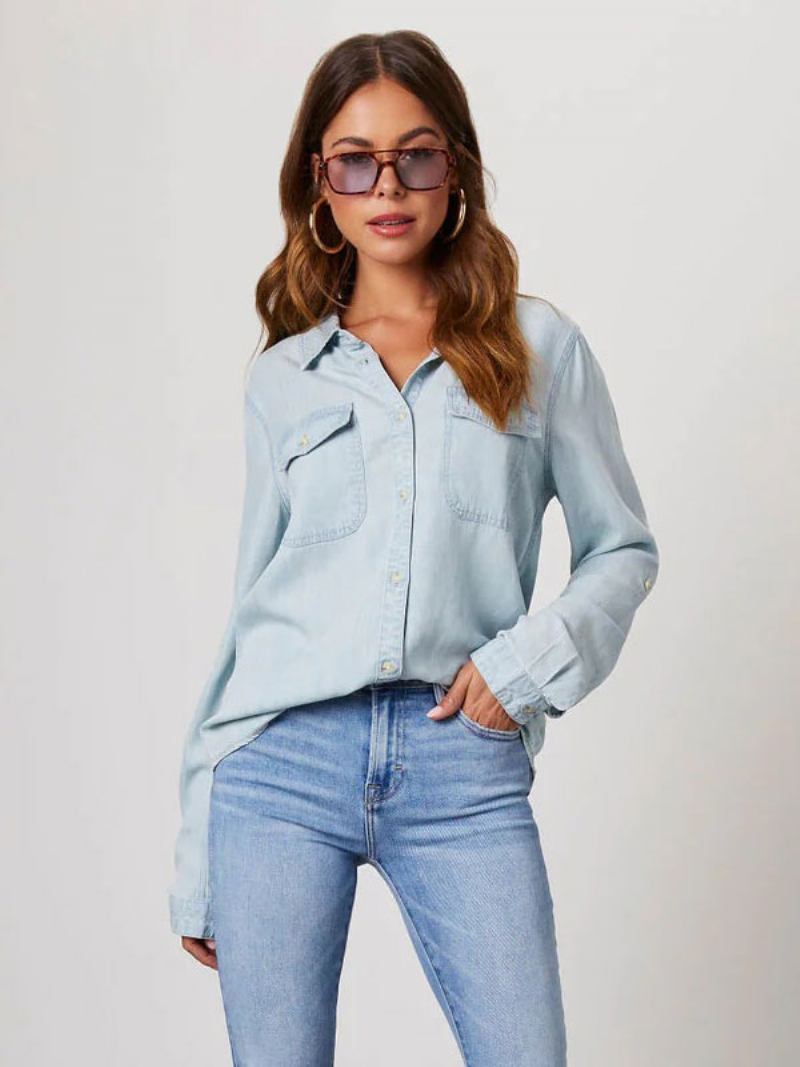 Blusa Jeans Para Mulheres Com Gola Aberta E Bolsos Aba Tops Diários -  Azul Céu Claro