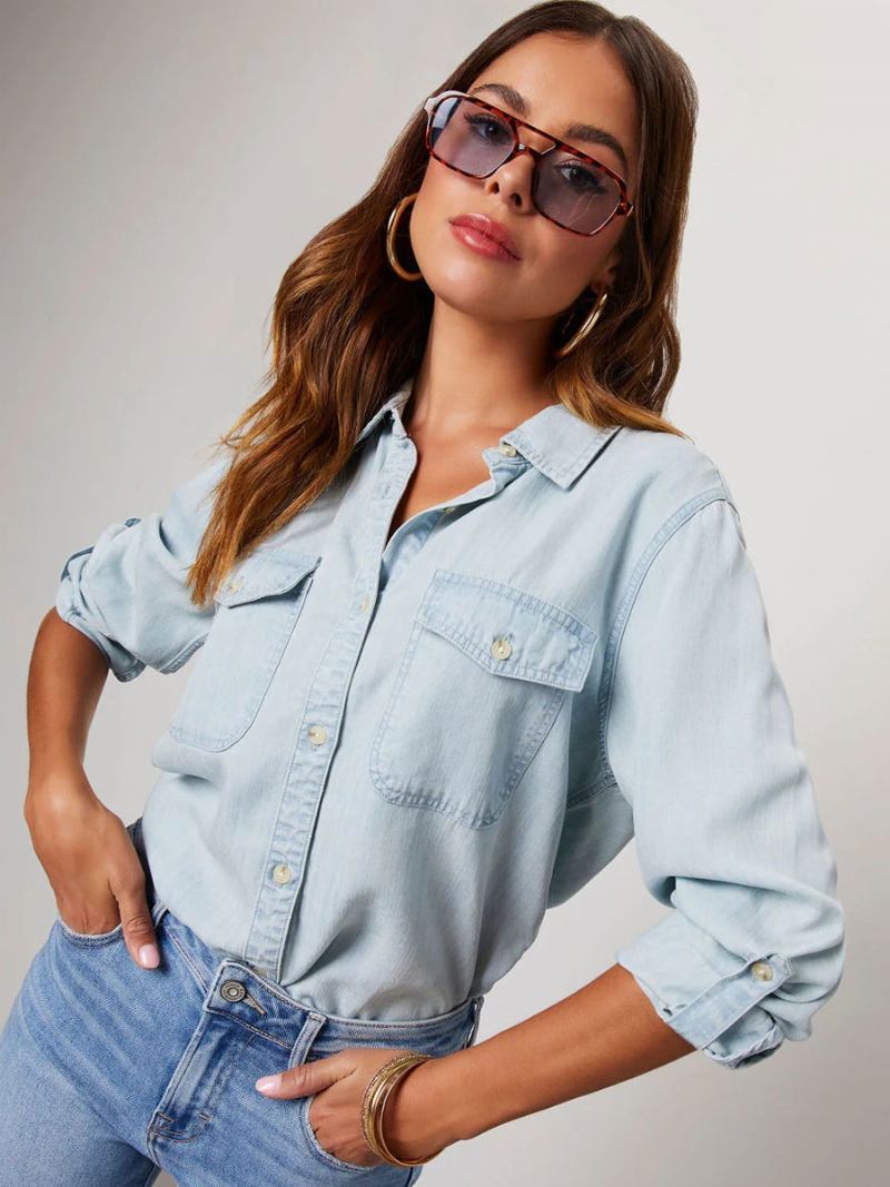Blusa Jeans Para Mulheres Com Gola Aberta E Bolsos Aba Tops Diários -  Azul Céu Claro