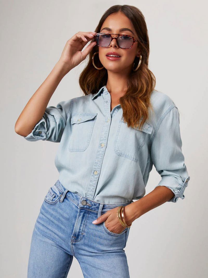 Blusa Jeans Para Mulheres Com Gola Aberta E Bolsos Aba Tops Diários -  Azul Céu Claro
