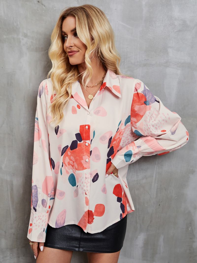 Blusa Solta Estampada Com Botões Manga Comprida Casual Feminina - Bege