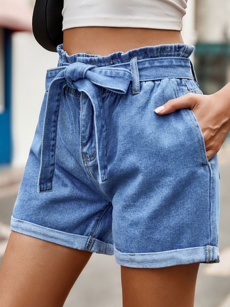 Shorts Feminino Casual Com Cadarço E Calça Jeans - Azul