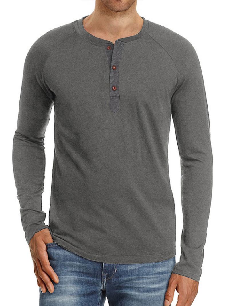 Camisetas Masculinas Casuais Com Gola Joia E Mangas Compridas Grandes - Cinza Profundo