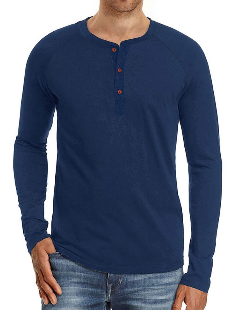 Camisetas Masculinas Casuais Com Gola Joia E Mangas Compridas Grandes - Azul Profundo
