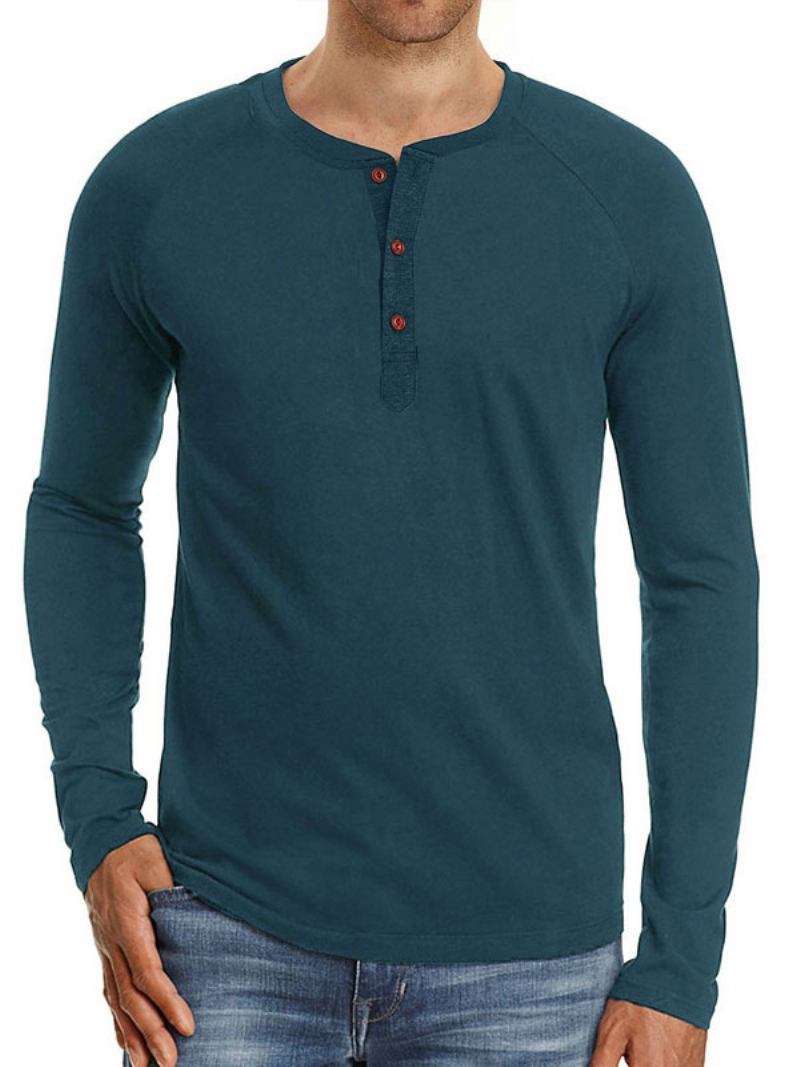 Camisetas Masculinas Casuais Com Gola Joia E Mangas Compridas Grandes - Teal