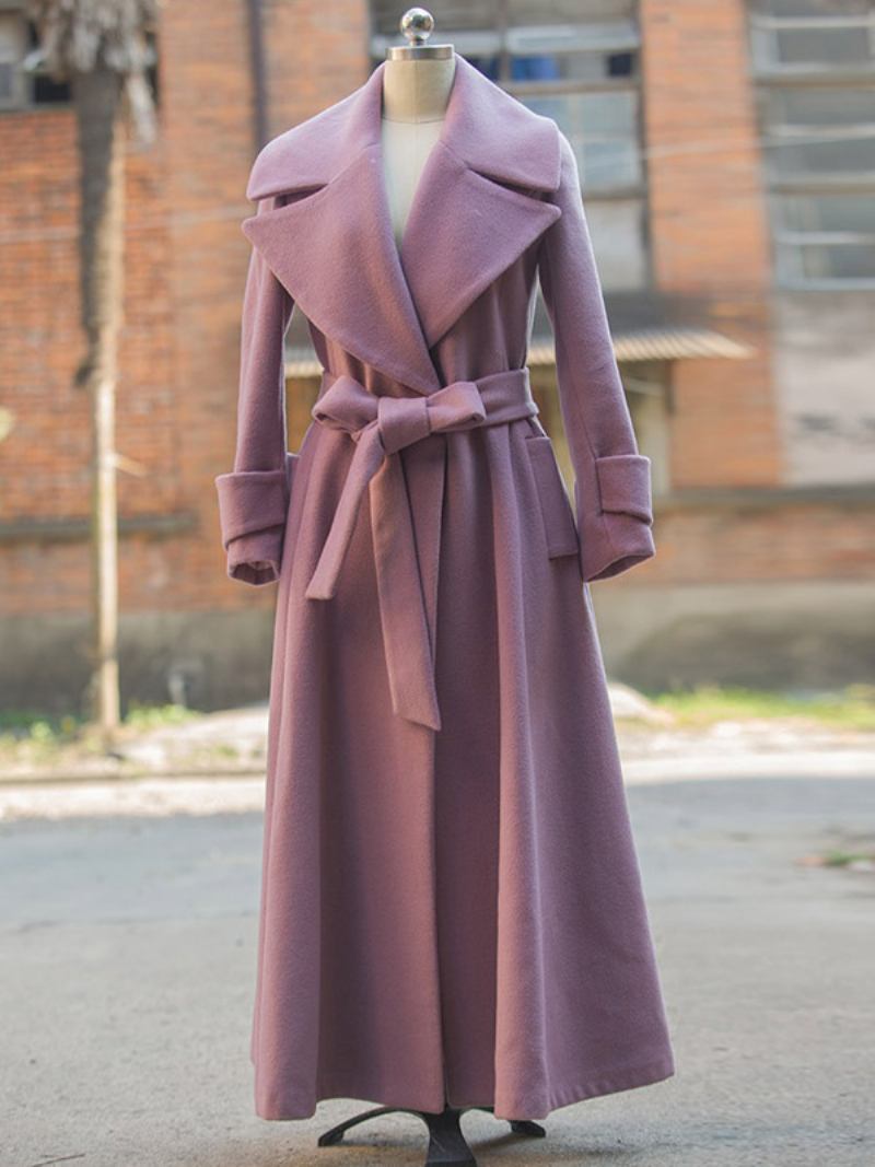 Casaco Lã Entalhado Lapela Com Cinto Palangre Feminino Para O Inverno -  Rosa Camafeu