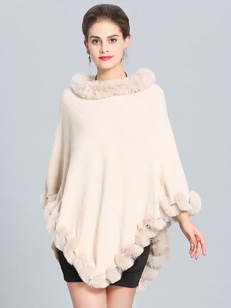 Borgonha Poncho Fur Hem Cape Casacos Primavera Para Mulheres - Bege