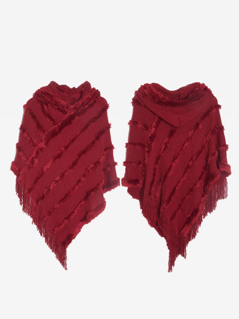 Capa Feminina Poncho Com Capuz Verde Franjas Grandes - Borgonha