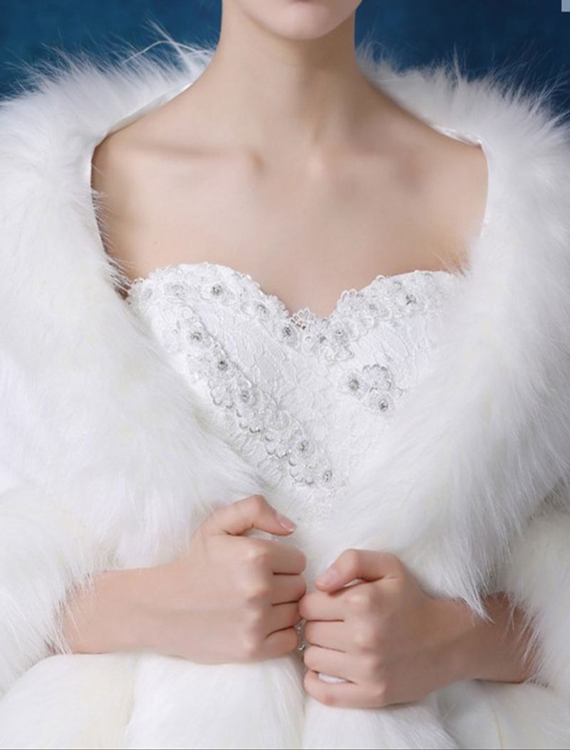 Envoltório Casamento Feminino Xale Pele Sintética Branco Nupcial Inverno Capa Ups - Branco