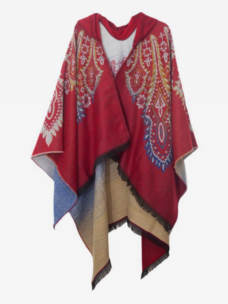 Poncho Feminino Estampado Com Capuz Vermelho Capa Franja Grande - Vermelho