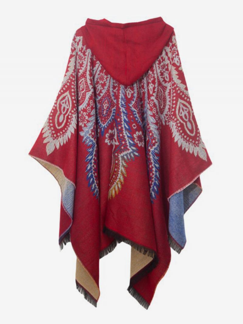 Poncho Feminino Estampado Com Capuz Vermelho Capa Franja Grande - Vermelho
