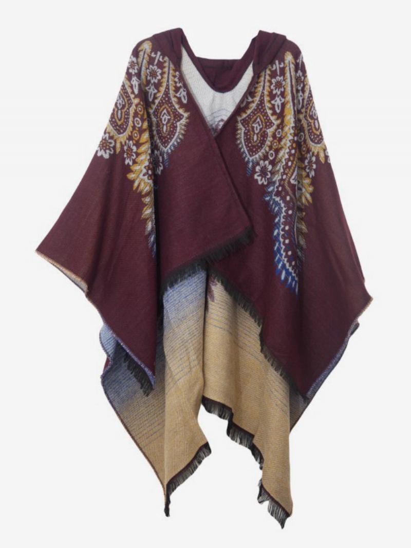 Poncho Feminino Estampado Com Capuz Vermelho Capa Franja Grande - Castanho Café