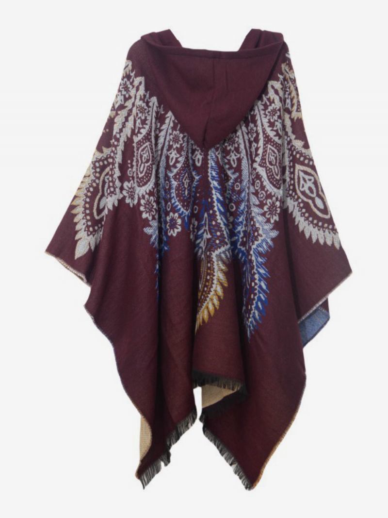 Poncho Feminino Estampado Com Capuz Vermelho Capa Franja Grande - Castanho Café