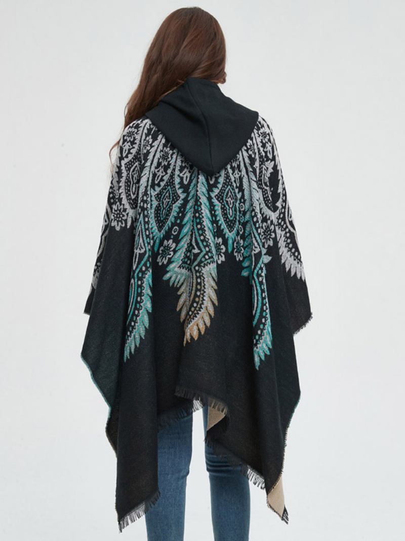 Poncho Feminino Estampado Com Capuz Vermelho Capa Franja Grande - Preto