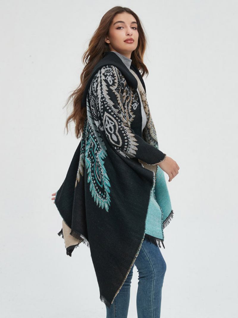 Poncho Feminino Estampado Com Capuz Vermelho Capa Franja Grande - Preto