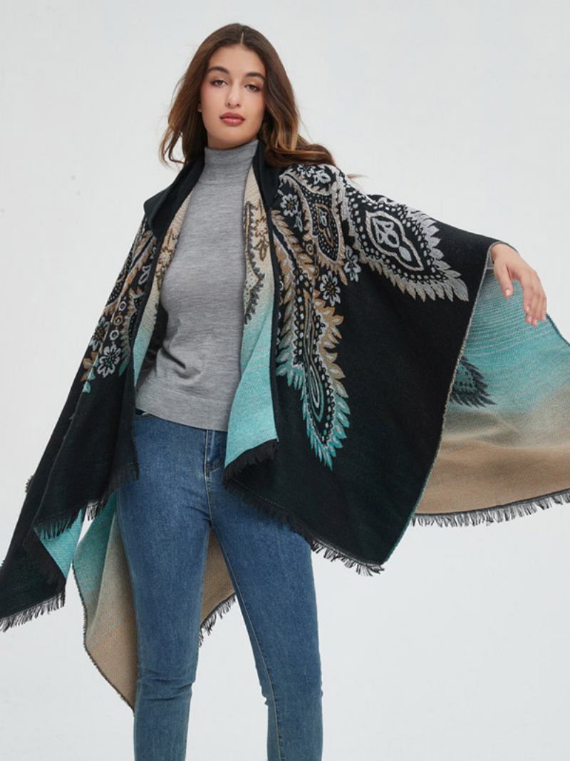Poncho Feminino Estampado Com Capuz Vermelho Capa Franja Grande - Preto