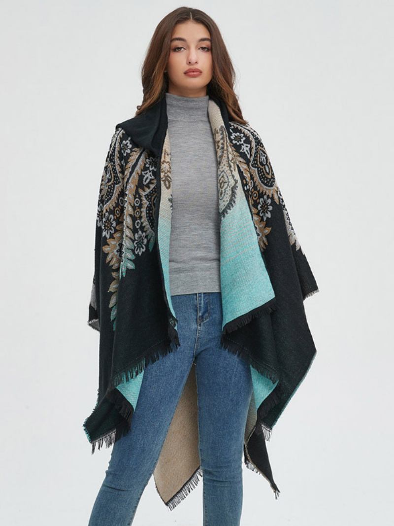 Poncho Feminino Estampado Com Capuz Vermelho Capa Franja Grande - Preto