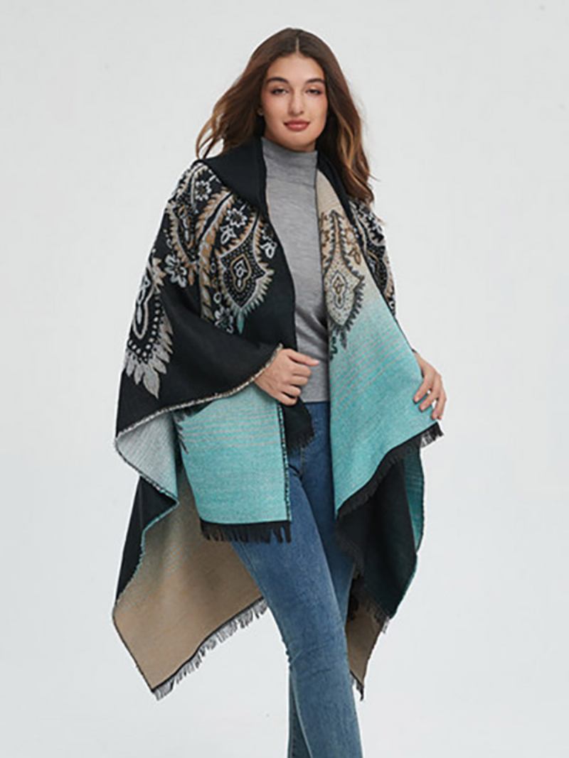 Poncho Feminino Estampado Com Capuz Vermelho Capa Franja Grande - Preto