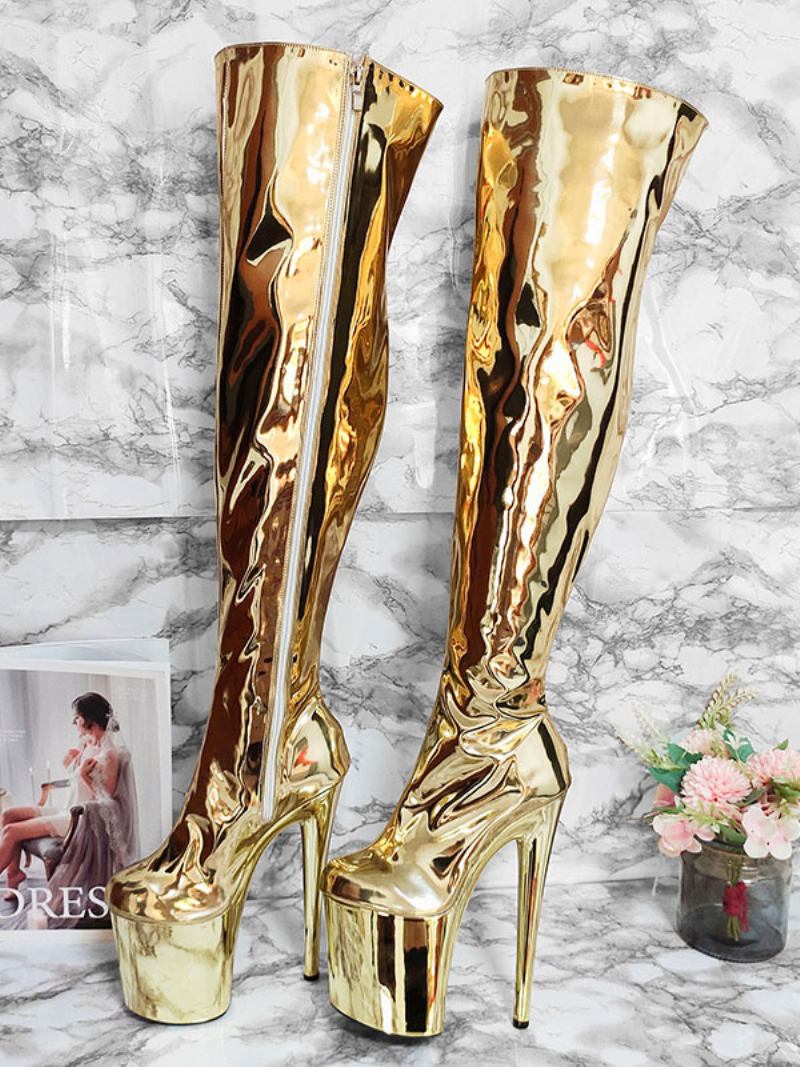 Botas Femininas Sexy Plataforma Prateada Salto Alto Coxa Altas - Ouro