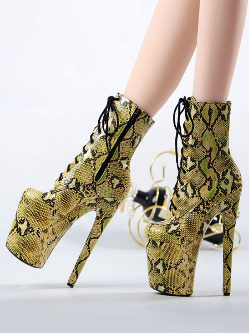 Botas Femininas Sexy Plus Size Bico Redondo Zíper Fivela Salto Agulha Rave - Amarelo