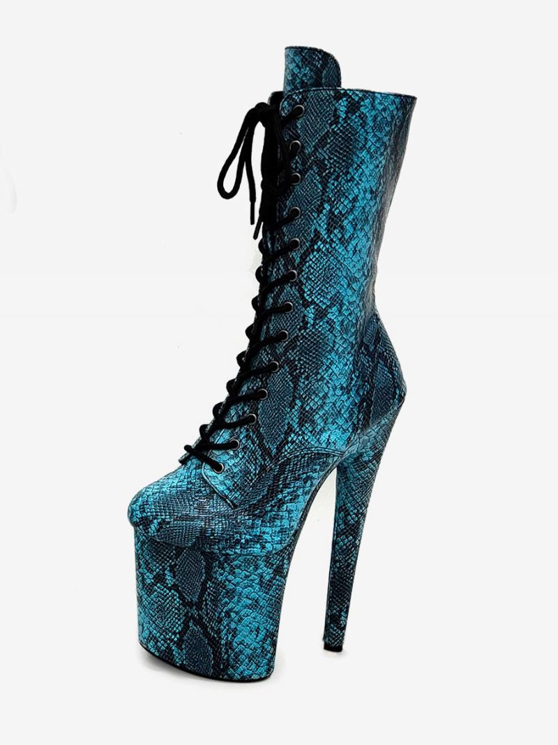 Botas Femininas Sexy Plus Size Bico Redondo Zíper Fivela Salto Agulha Rave - Azul