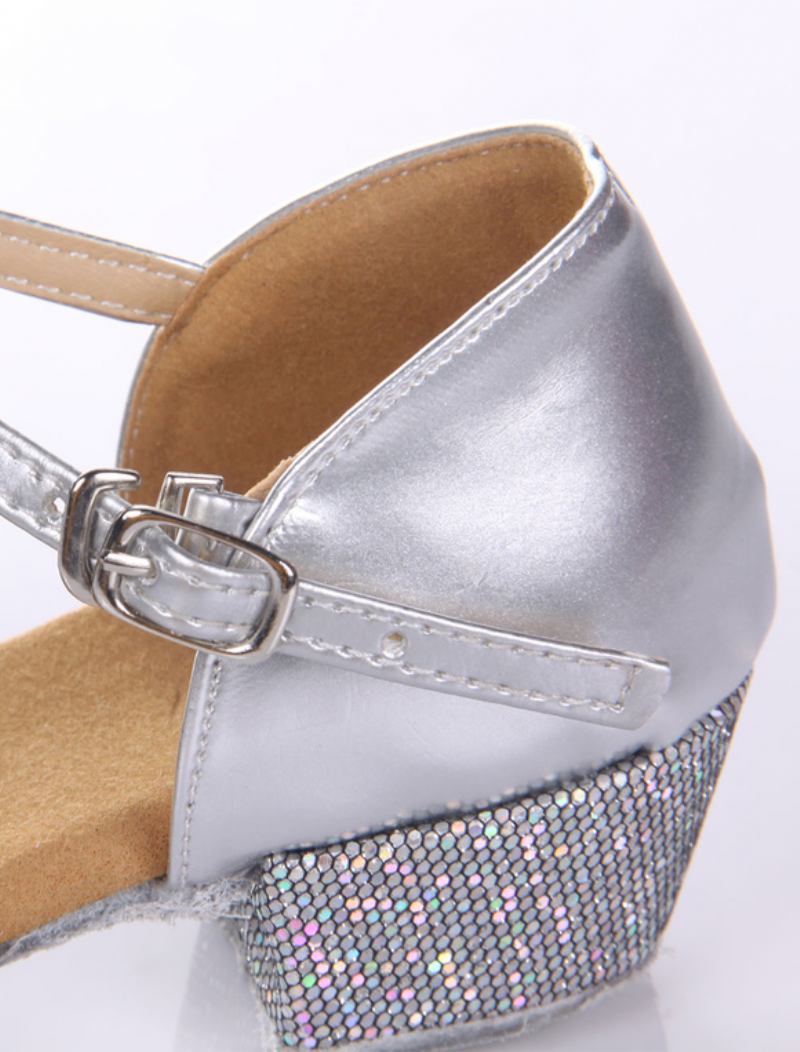 Sapatos Dança Latina Femininos Loiro Peep Toe Tipo T Sola Macia Salão Para Crianças - Prata