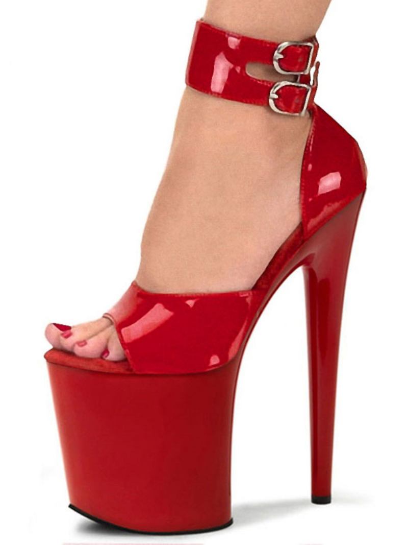 Sapatos Dança Pólo Feminino Sandálias Sexy Preto Couro Do Plutônio Dedo Pé Aberto Salto Stiletto Céu Alto Tornozelo Cinta Saltos Stripper - Vermelho