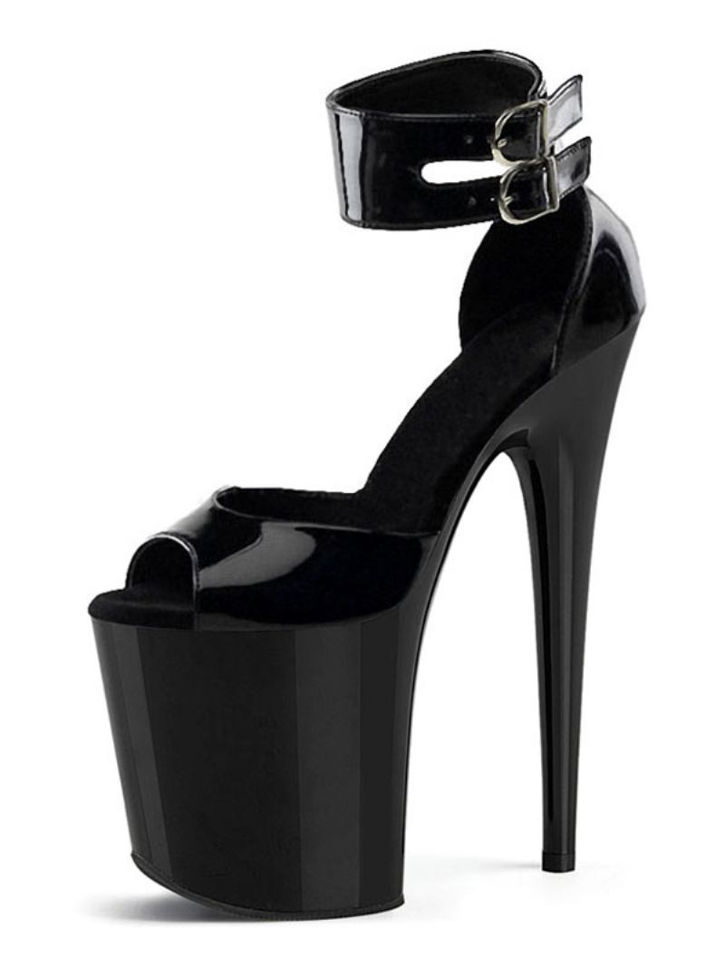 Sapatos Dança Pólo Feminino Sandálias Sexy Preto Couro Do Plutônio Dedo Pé Aberto Salto Stiletto Céu Alto Tornozelo Cinta Saltos Stripper - Preto
